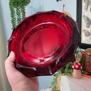 Vintage Glass Ruby Red Viking Faceted Gemstone Ashtray Catch-all Dish